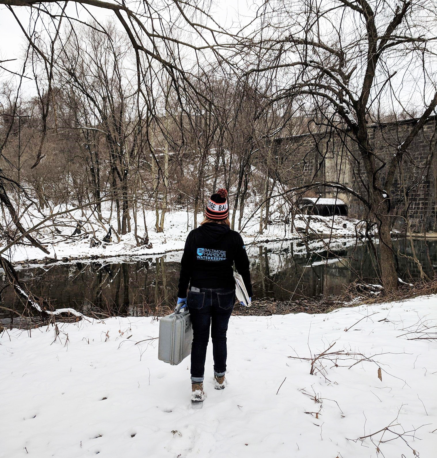 a person walking in the snow carrying a suitcase