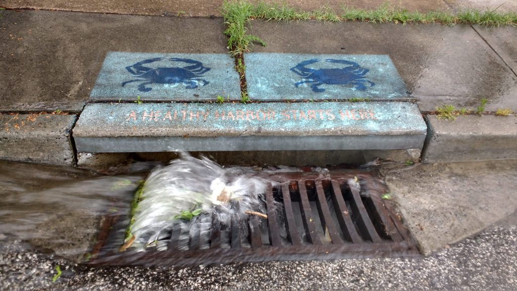Storm drain with rushing water