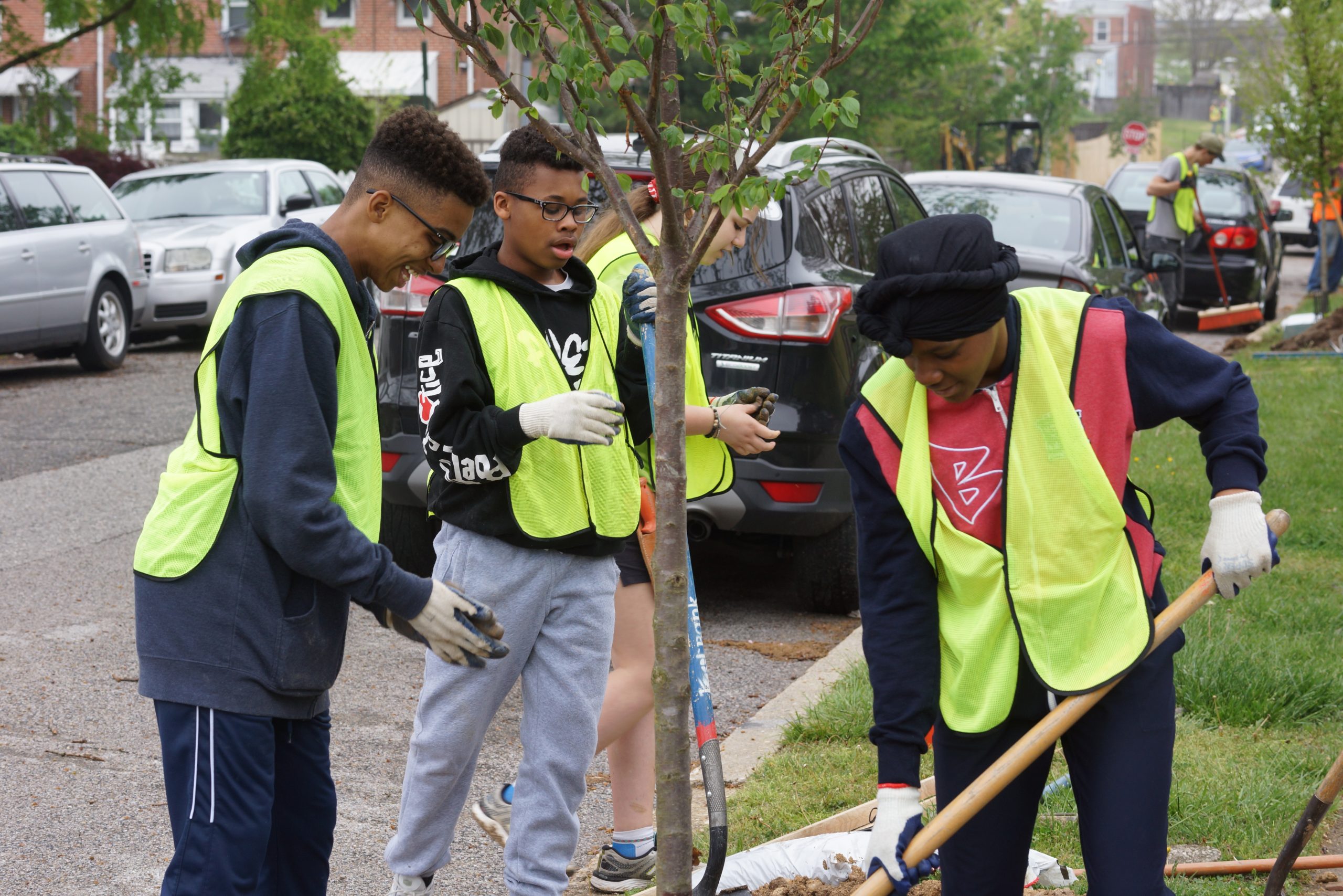 A group of students, smiling and planting a tree on a Baltimore street.