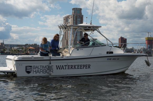 Waterkeepr Alice Volpitta on Blue Water Baltimore's Baltimore Harbor Waterkeeper boat.