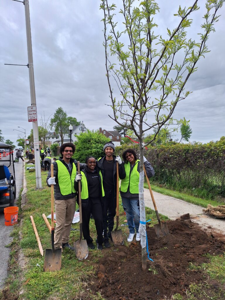 a group of people standing next to a tree