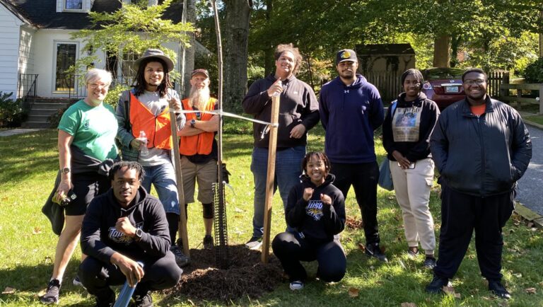 a group of people standing around a tree